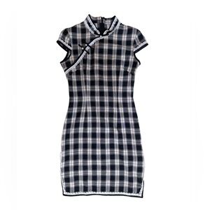 Plaid Cheongsam Dress in Black and White